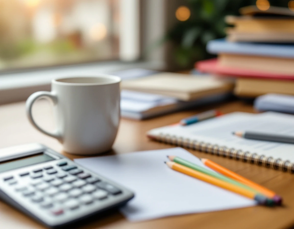 Organized tax workspace with calculator, notepad, and coffee on wooden desk with natural window lighting