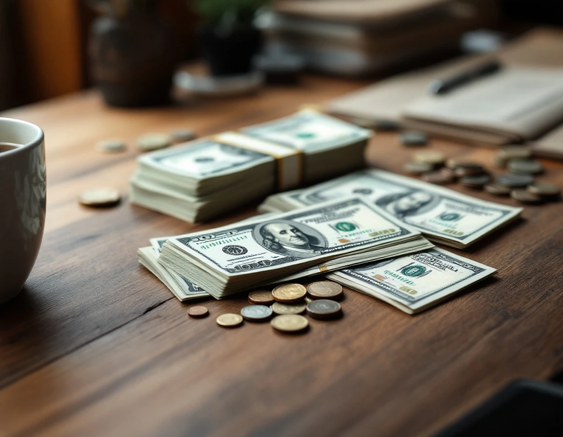 Cash arranged in groups representing weekly, biweekly, and monthly payment schedules on office desk