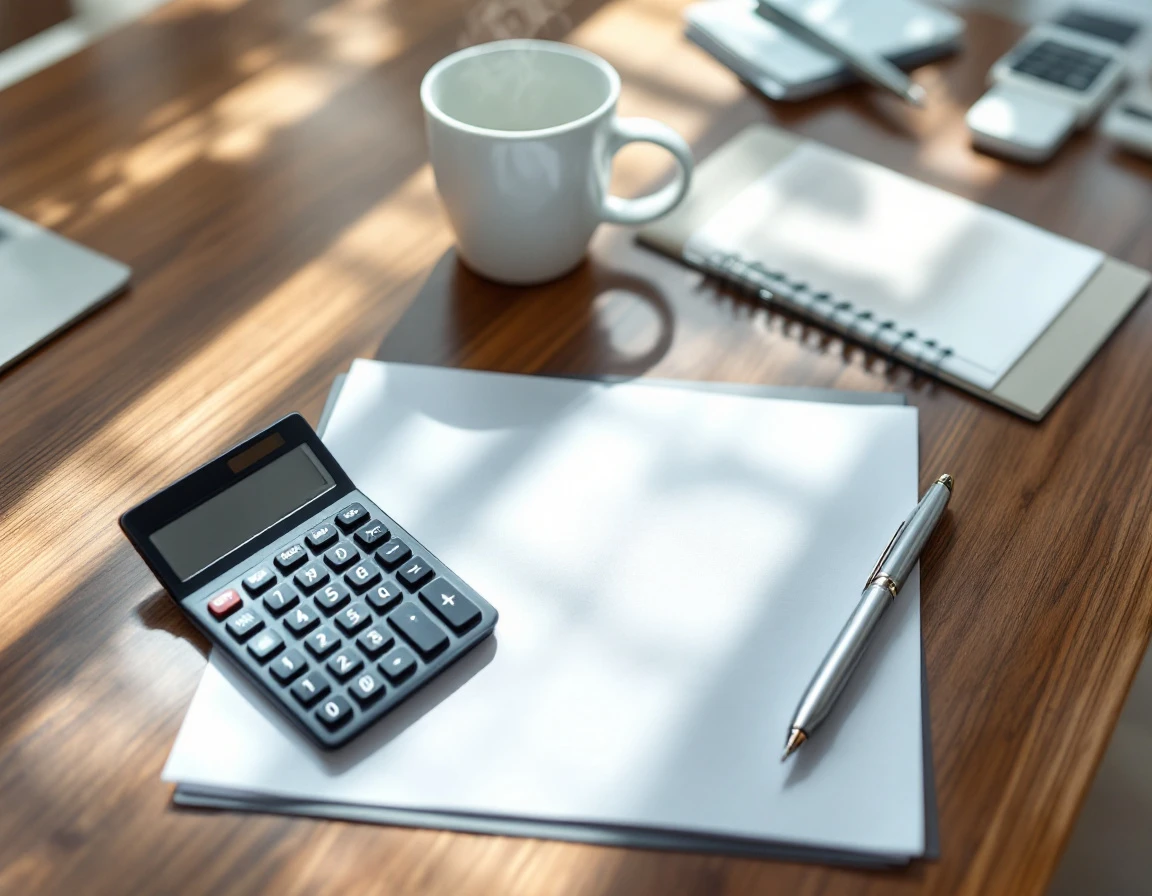 Calculator and paperwork on wooden desk representing payroll calculation workspace