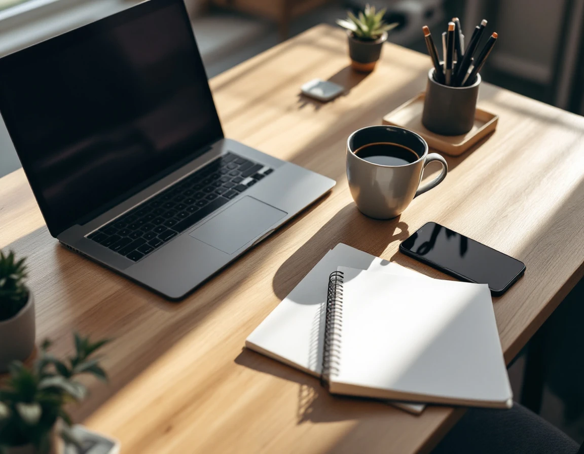 Clean desk workspace with laptop, coffee, and office supplies in natural morning light