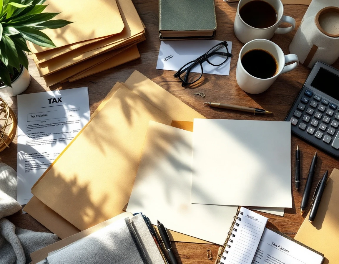 Overhead view of cluttered desk with tax filing folders, calculator, and coffee mug showing manual filing workload