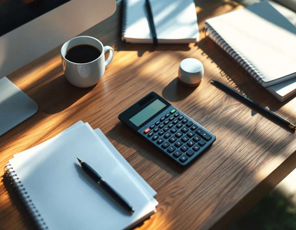 Organized accounting workspace with calculator, coffee, and blank notebooks on wooden desk