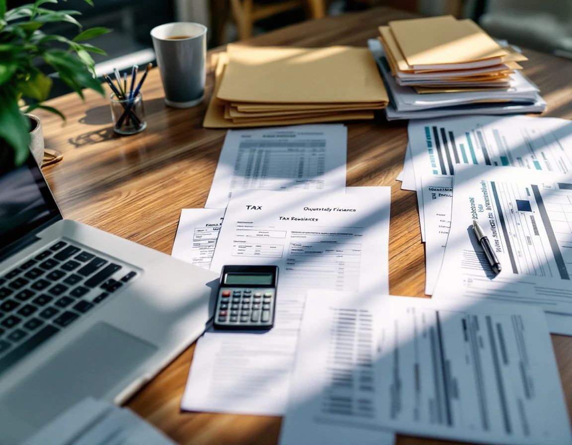Organized tax preparation workspace with business documents, calculator, and laptop for S-Corp filing season