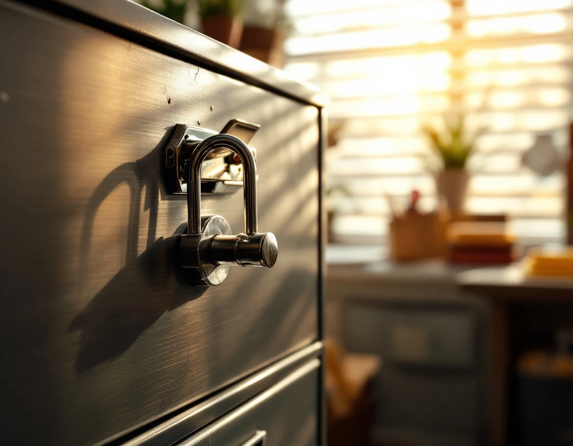 Locked file cabinet with organized tax documents in small business office with natural lighting
