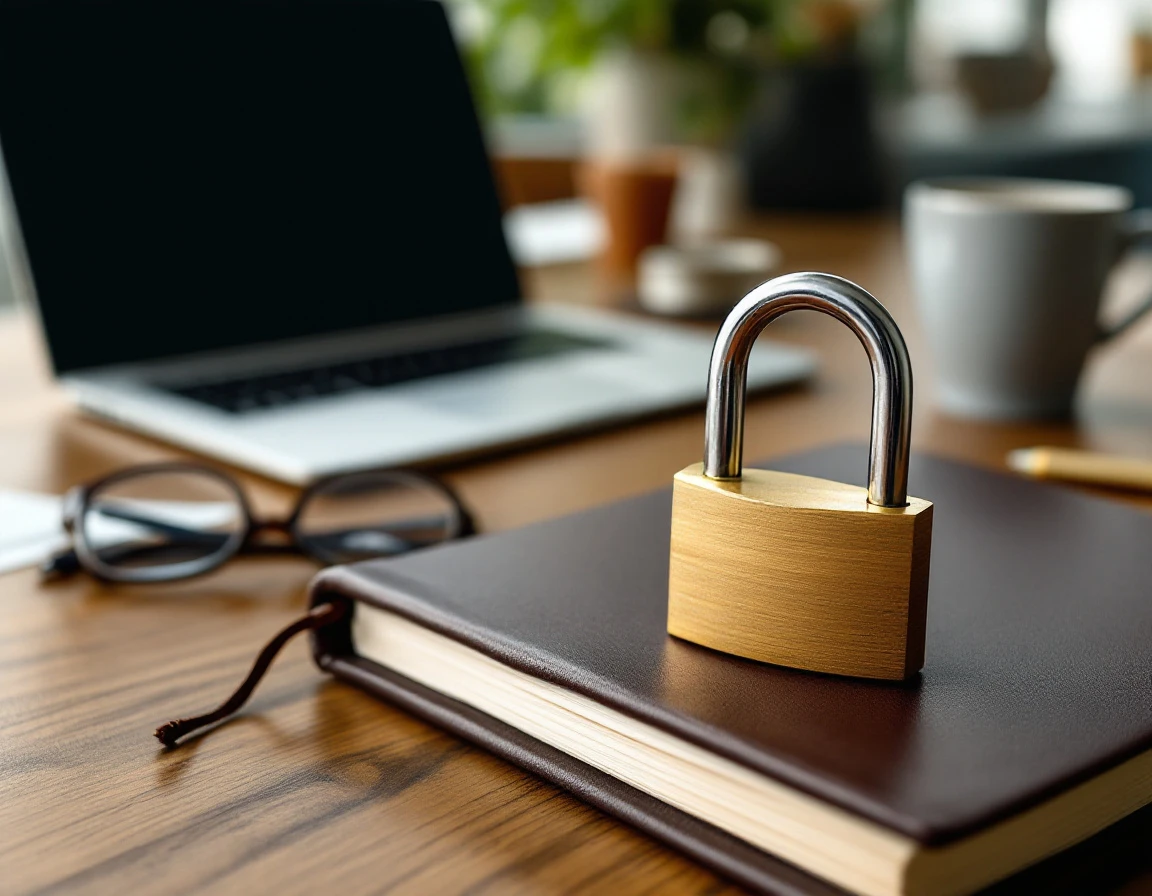 Padlock securing a closed journal on a desk workspace with laptop and office items in background