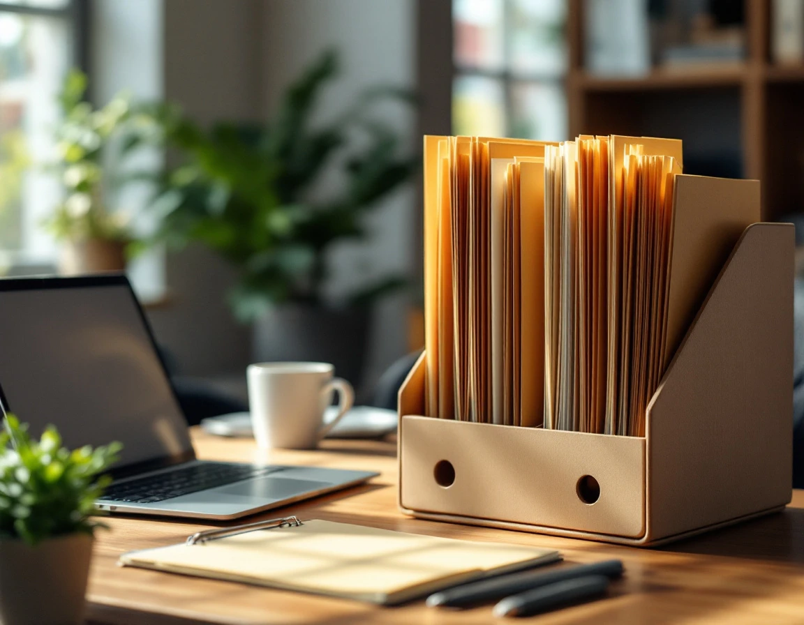 Organized office desk with file folders and laptop in a small business workspace