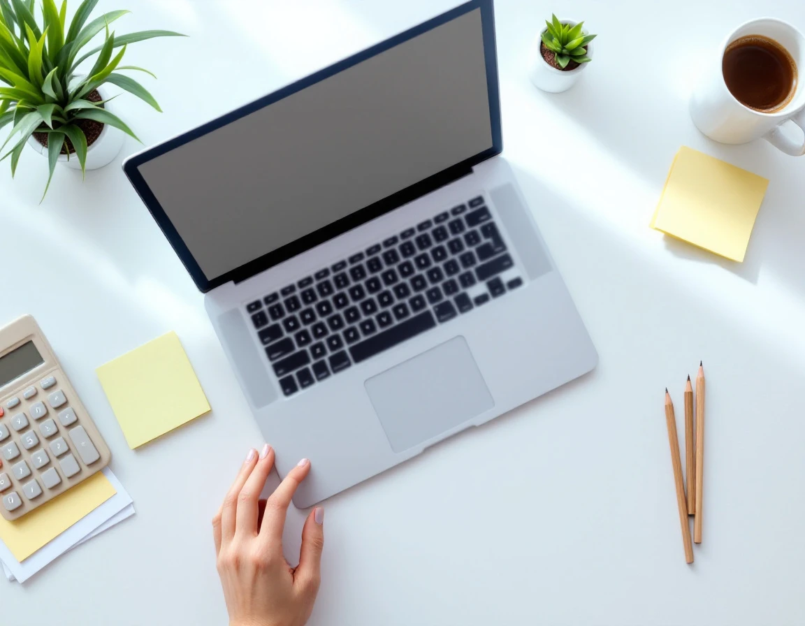 Organized desk workspace with laptop, calculator, and office supplies for payroll and HR management