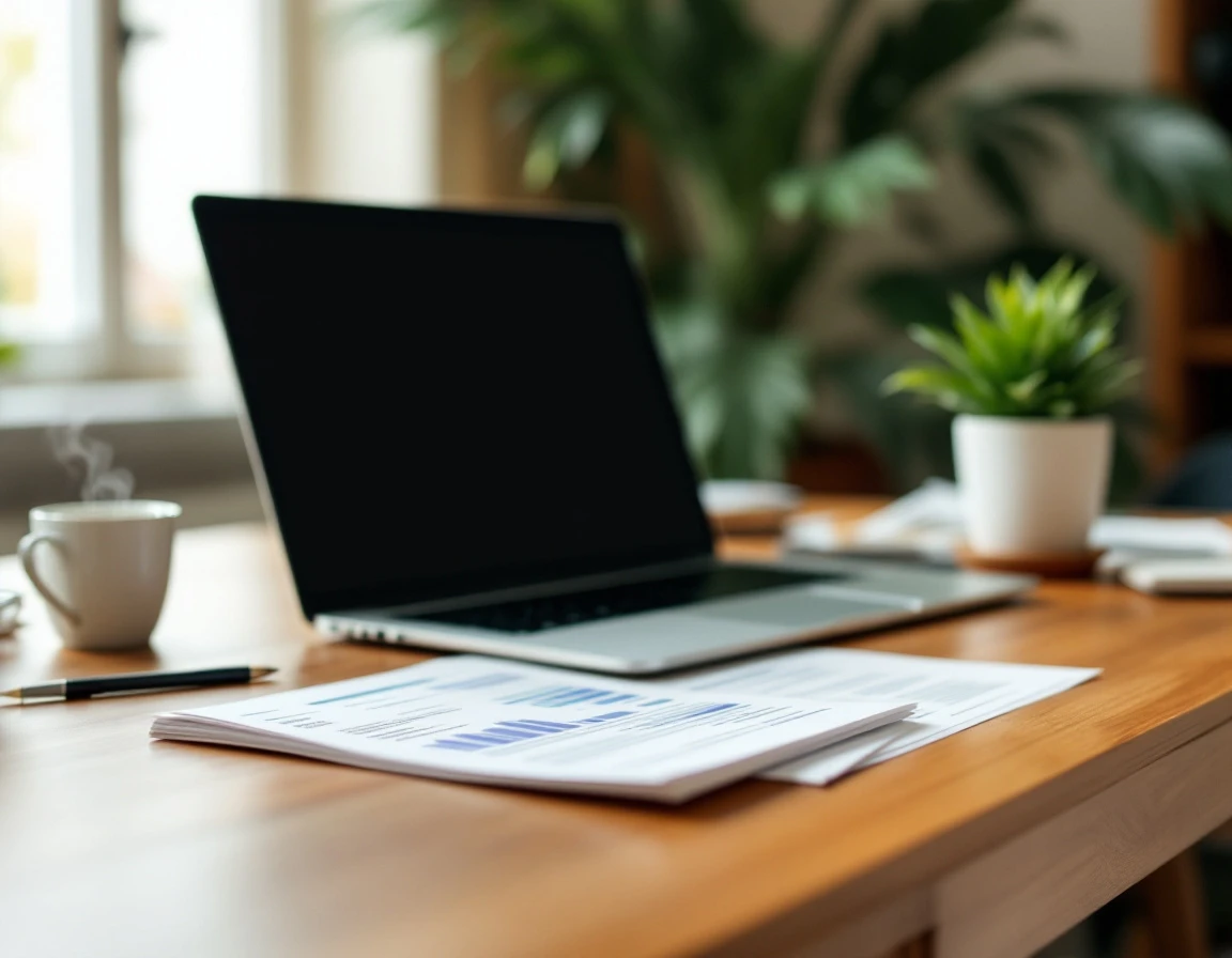 Office workspace with coffee and plants, financial documents artfully blurred in background