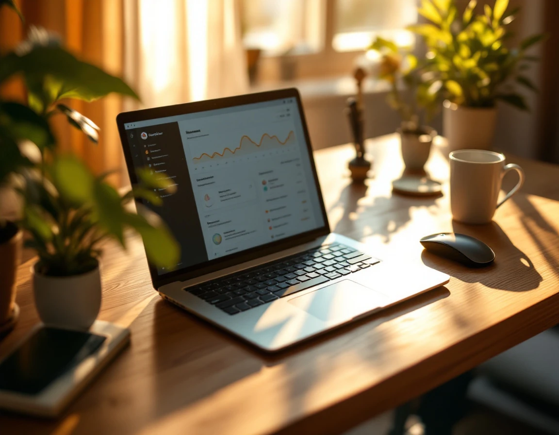 Sunlit small business workspace with laptop and coffee mug on wooden desk during golden hour