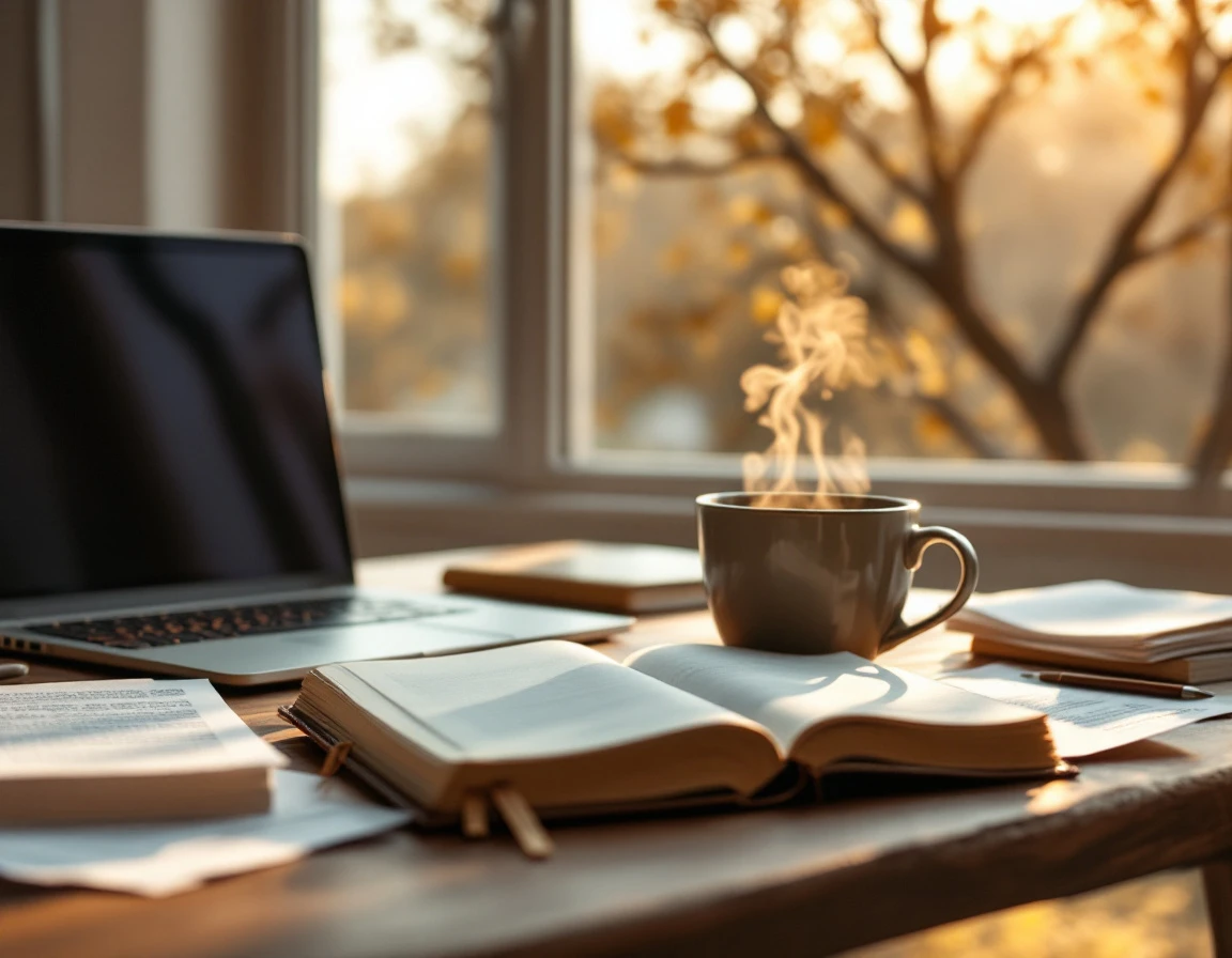 Organized workspace with journal and laptop during autumn afternoon light