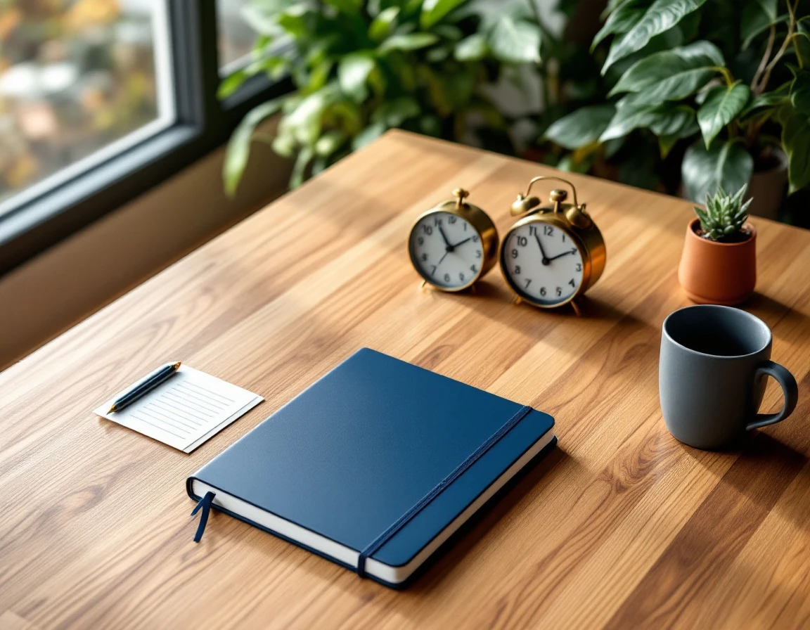 Organized office desk workspace with notebook, coffee, and clock during payroll year-end closing period