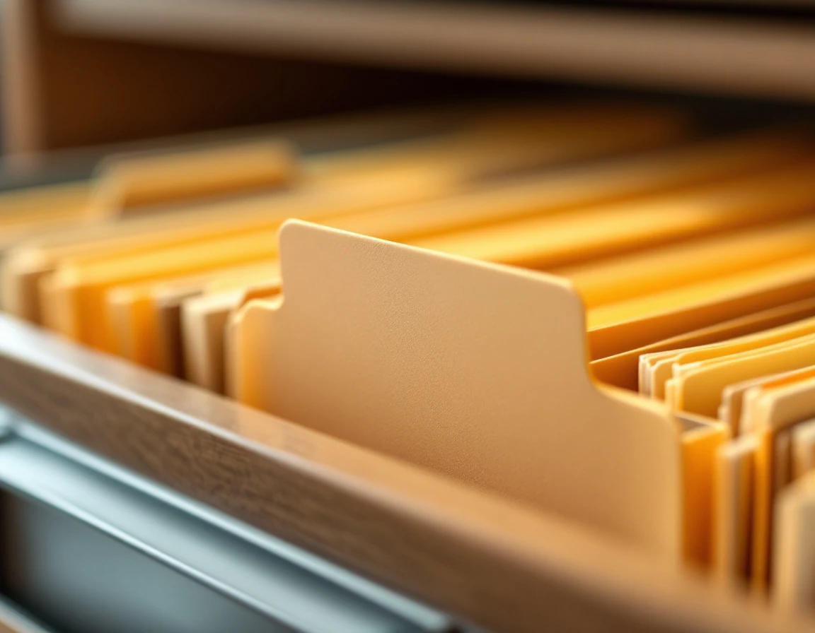 Organized manila file folders in wooden filing cabinet for payroll and tax record retention