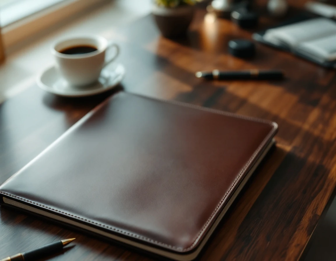 Leather portfolio and coffee cup on office desk for year-end payroll reconciliation planning