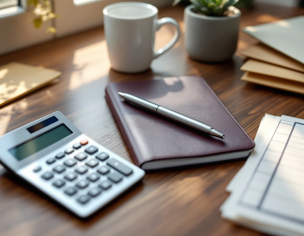 Calculator, closed notebook, and premium pen arranged on wooden desk for year-end payroll planning
