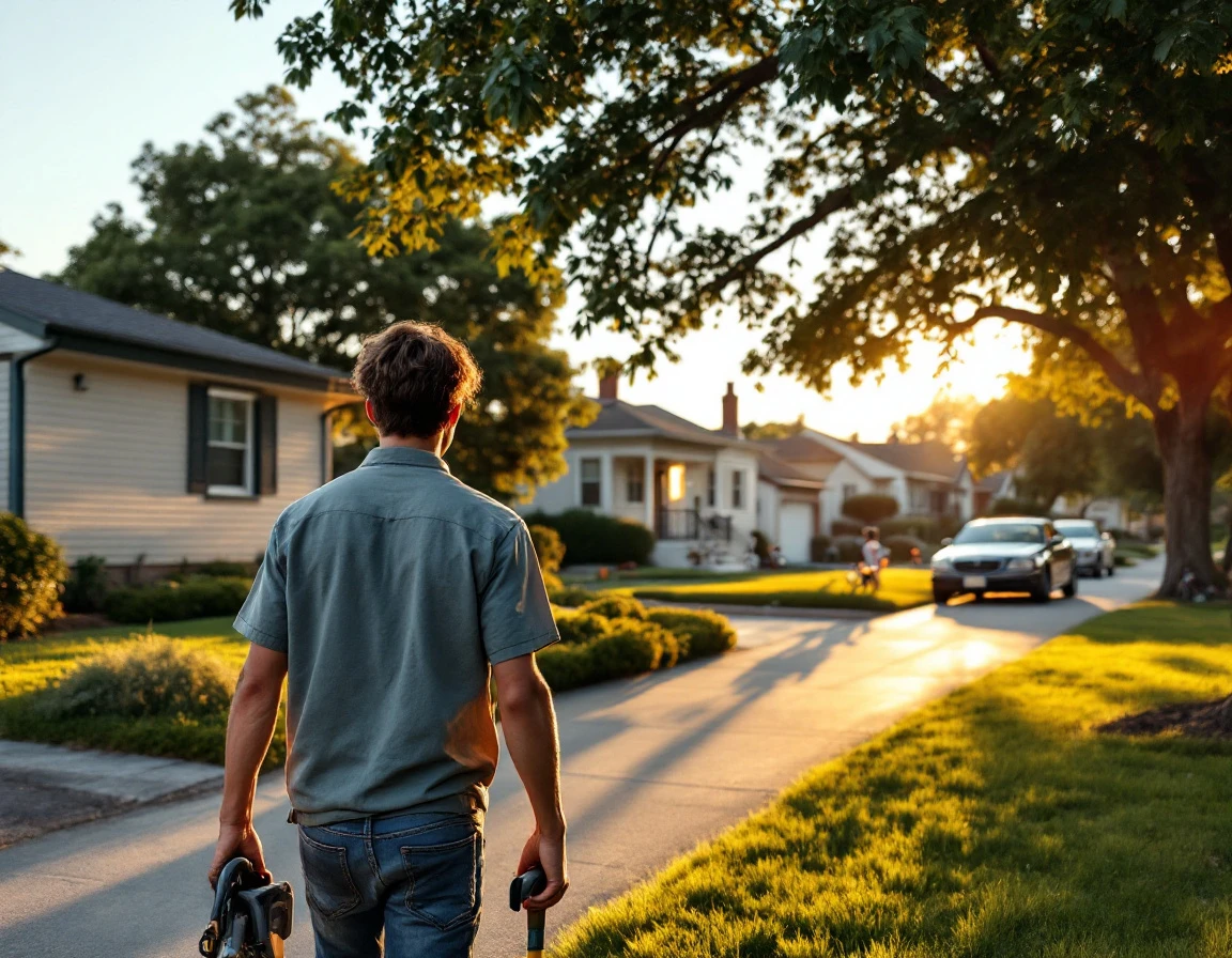 Teenage worker walking through suburban neighborhood with lawn care equipment during summer employment season