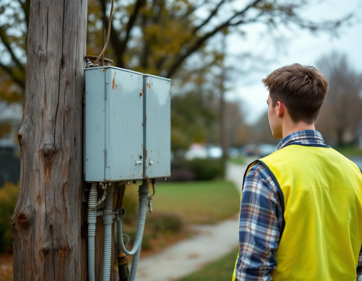 Teen worker in safety vest maintaining distance from electrical utility equipment on residential street