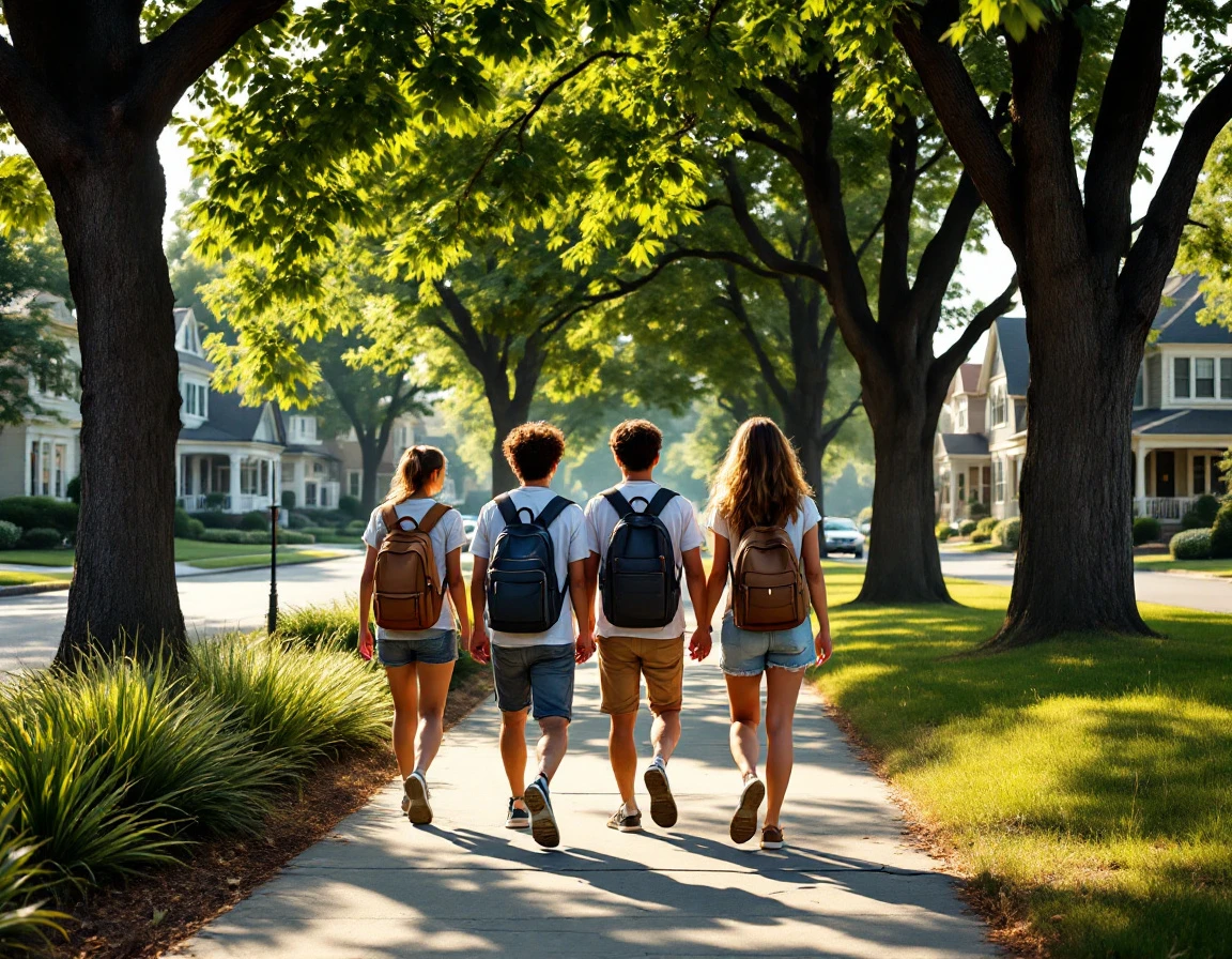 Students walking to summer jobs along tree-lined suburban street on sunny morning