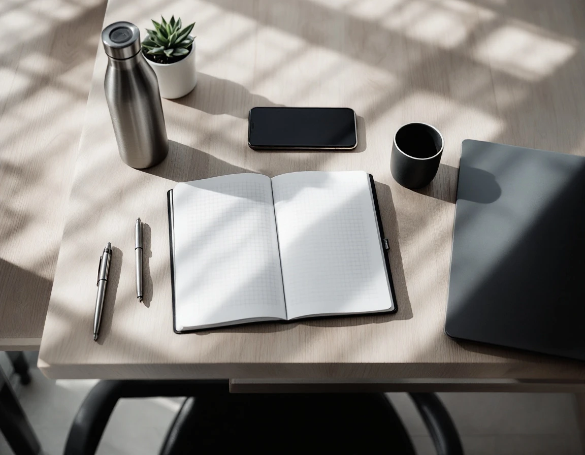 Minimalist workspace with laptop, notebook, and professional desk accessories in natural light
