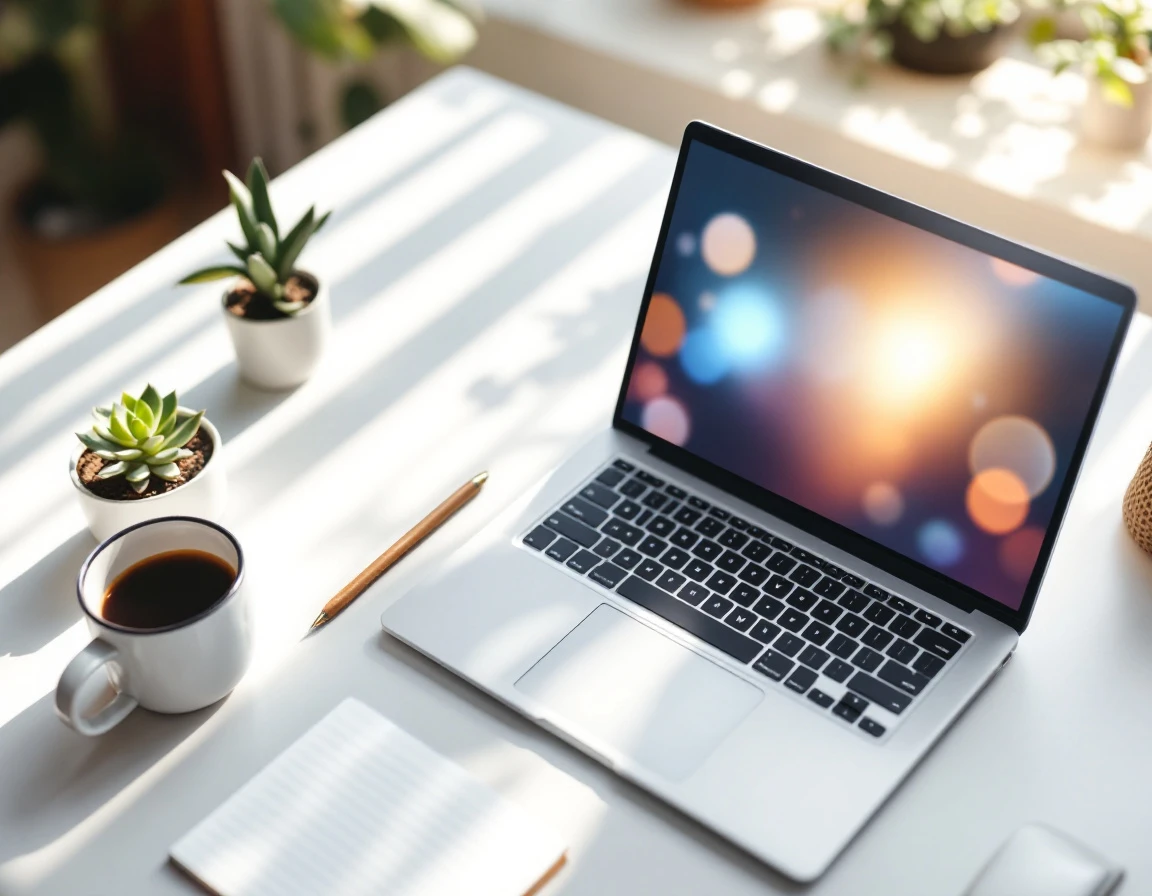 Modern workspace desk with laptop showing blurred screen, coffee mug, and succulent plant in natural morning light