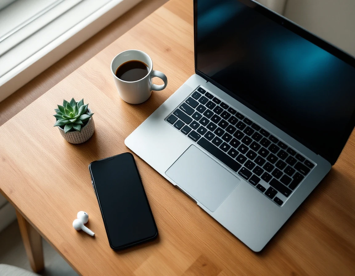 Overhead view of minimalist workspace with laptop and phone showing modern payroll software environment