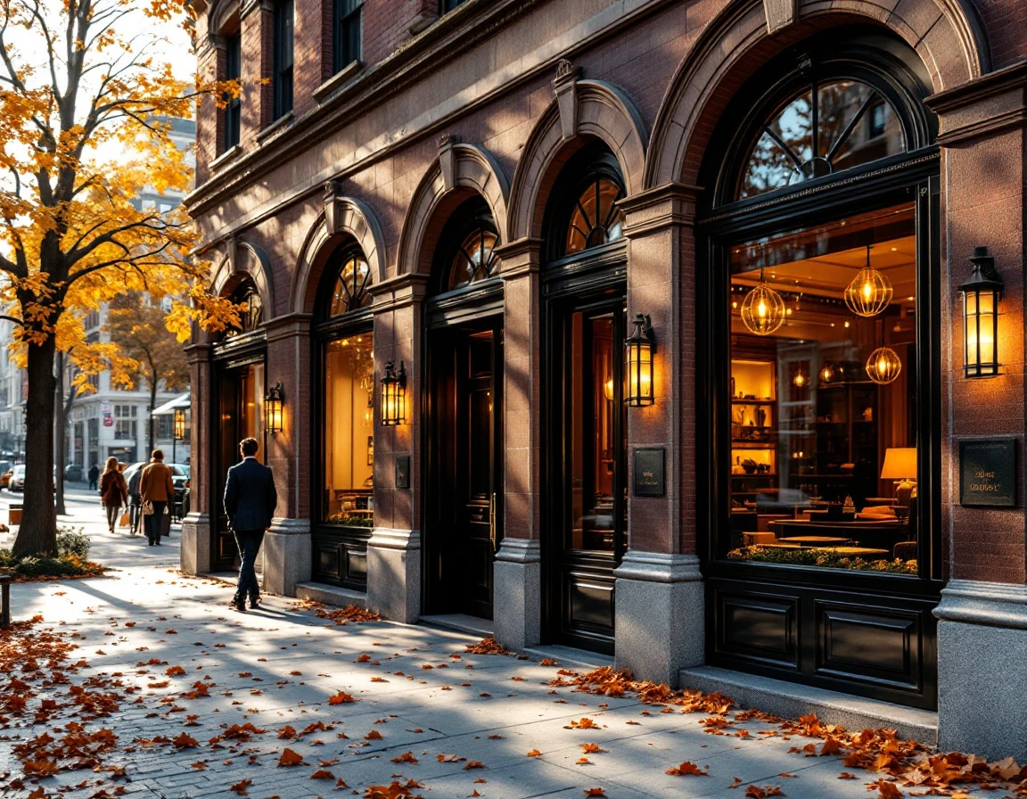Manhattan commercial building facade with arched windows and autumn leaves on sidewalk during golden hour
