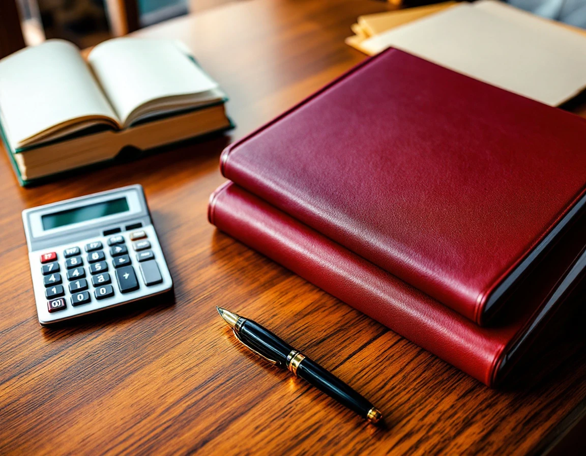 Professional desk with calculator, leather ledgers, and tax documents for small business accounting