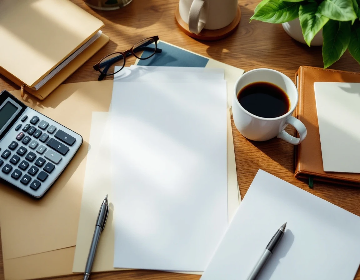 Professional desk workspace with calculator, blank papers, coffee, and notebooks for payroll tax work