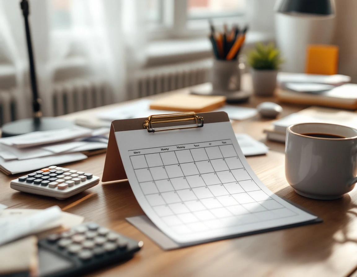 Small business desk with blank calendar, calculator, and tax planning materials in natural light