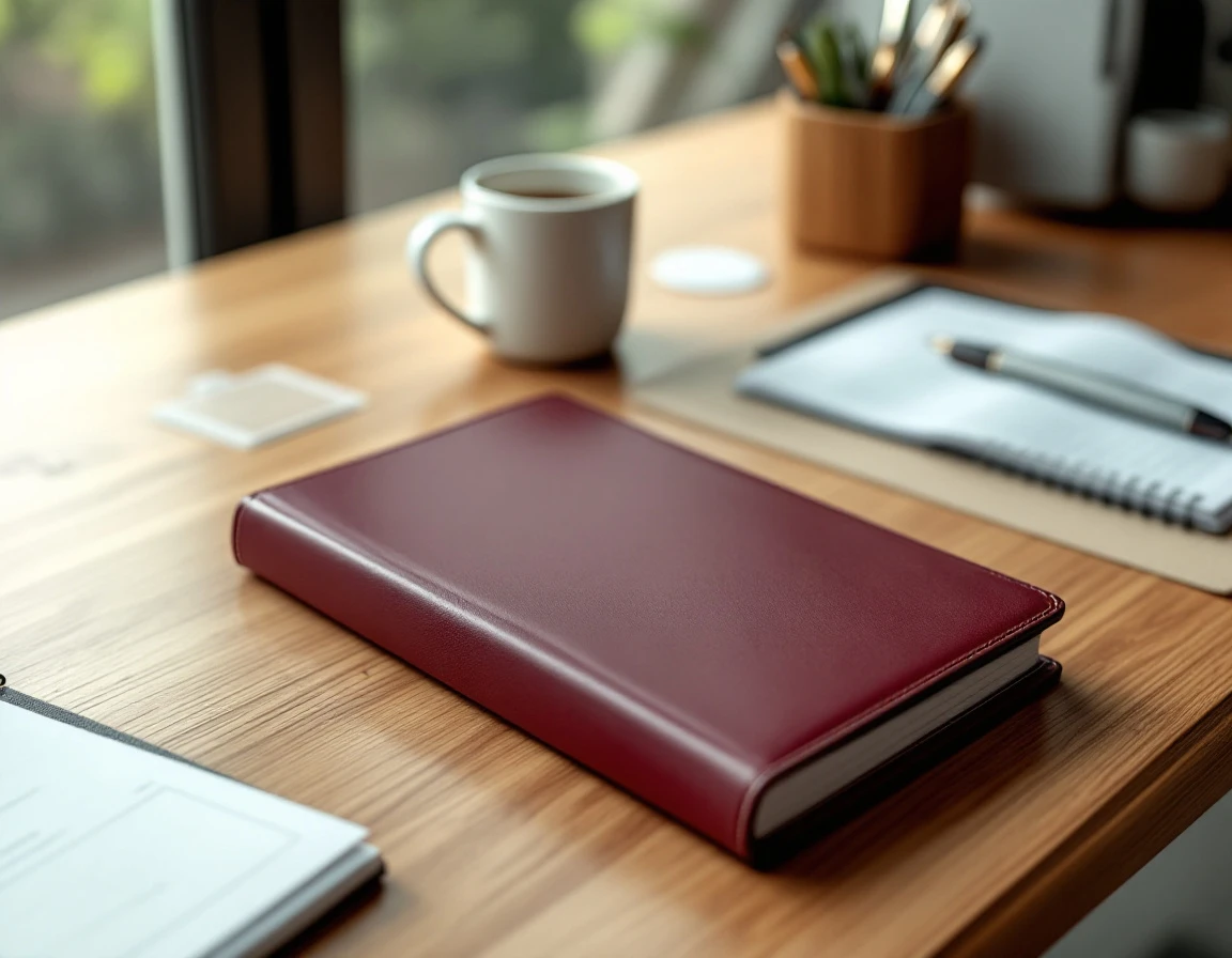 Closed leather planner on wooden desk with coffee mug and pens in professional HR office workspace