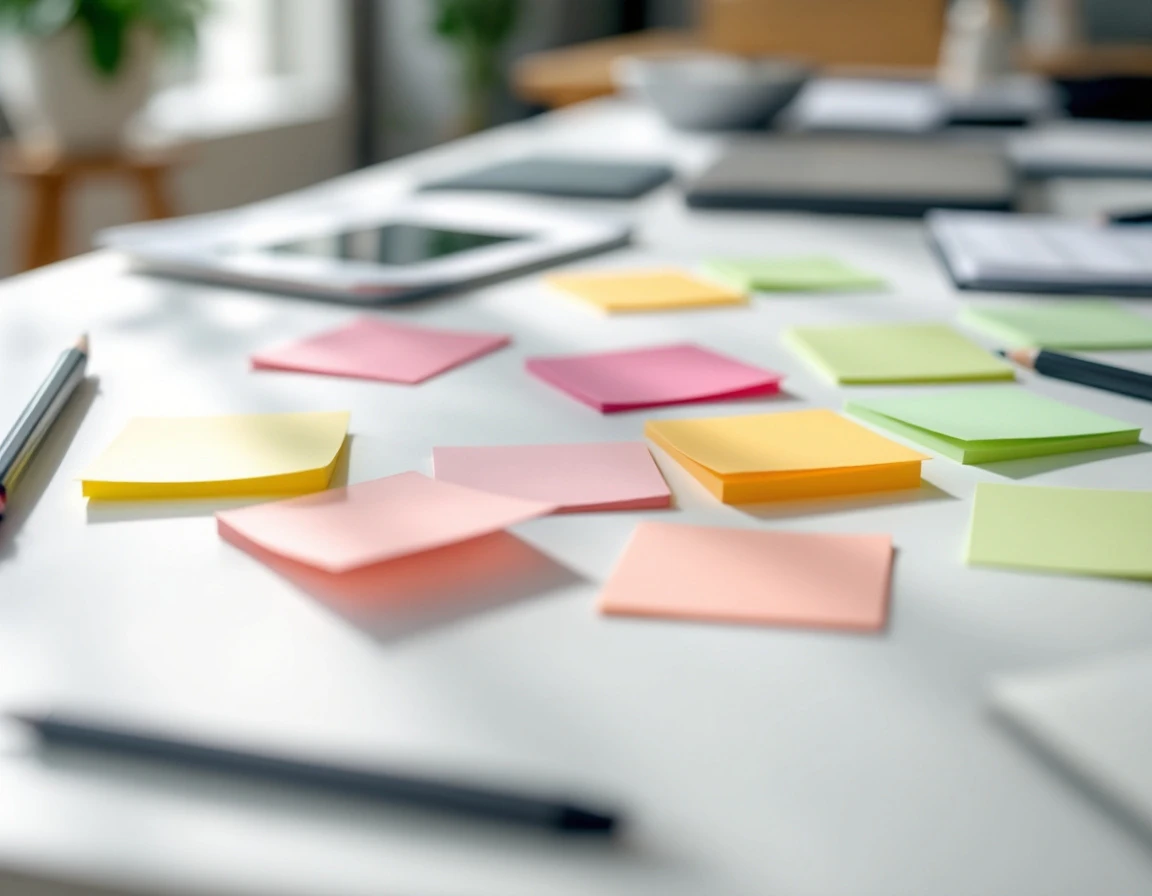 Colorful blank sticky notes arranged in an organized grid with pens on desk surface