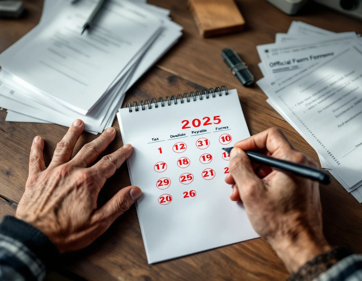 Hands reviewing tax calendar and payroll forms on wooden desk with natural lighting showing year-end filing preparation