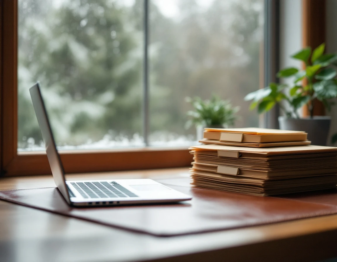 Organized home office desk with file folders during tax season preparation in Pacific Northwest