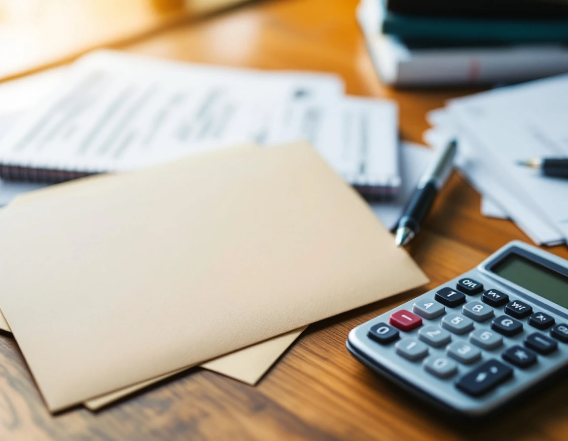 Tax preparation materials and calculator arranged on wooden desk with natural lighting during quarterly review