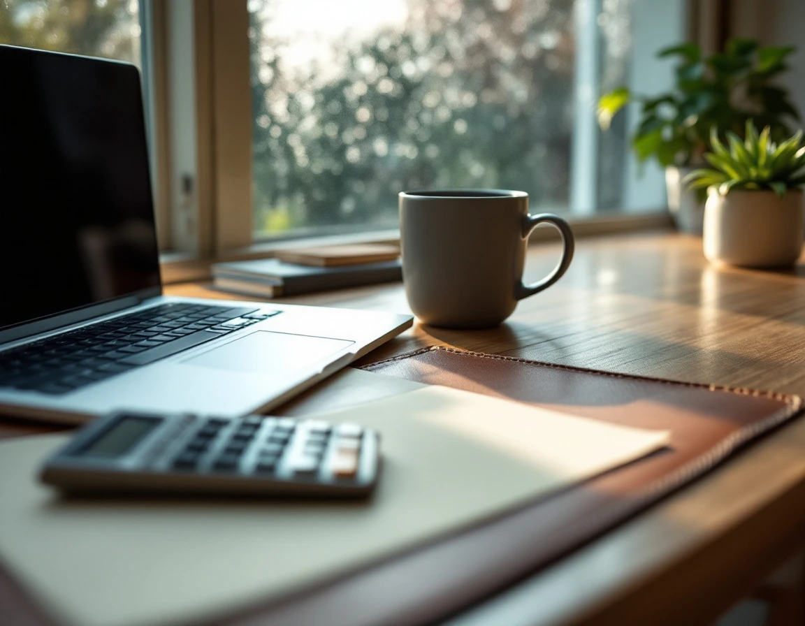 Clean desk with calculator, closed laptop, coffee mug, and blank documents in natural window light