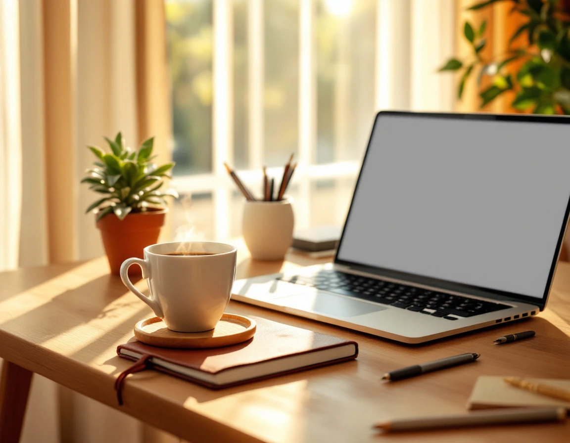Sunlit workspace with laptop, coffee, leather journal, and plant on wooden desk