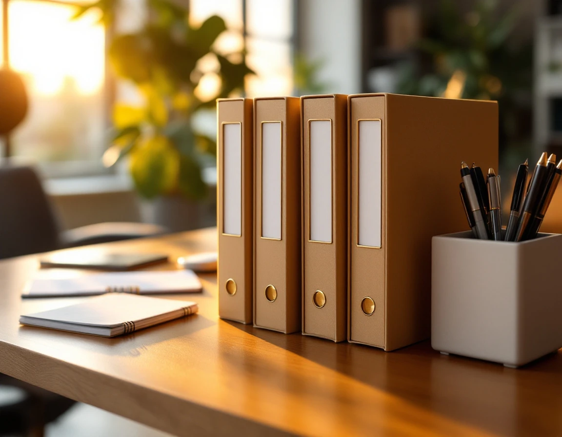 Organized office desk with HR folders and professional workspace tools in warm natural lighting
