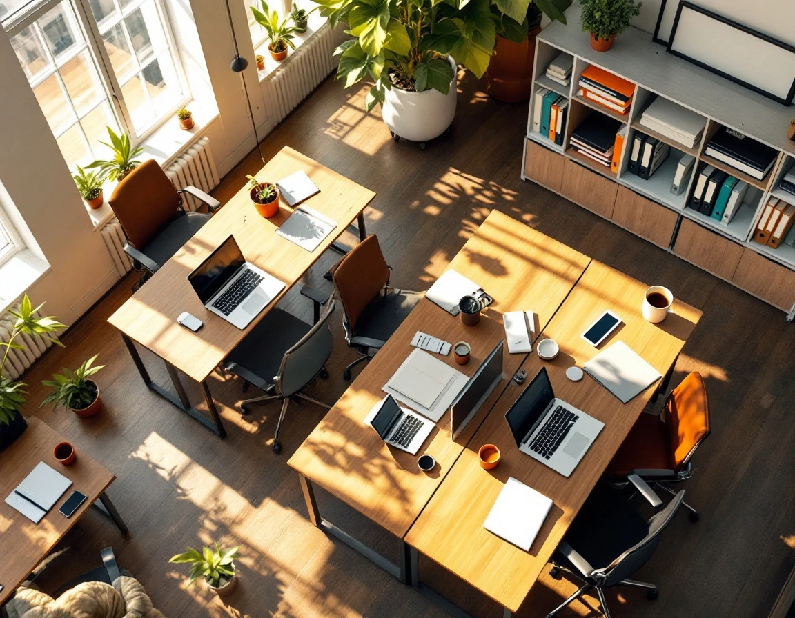 Organized office workspace showing multiple desks with laptops and organized filing systems in natural light
