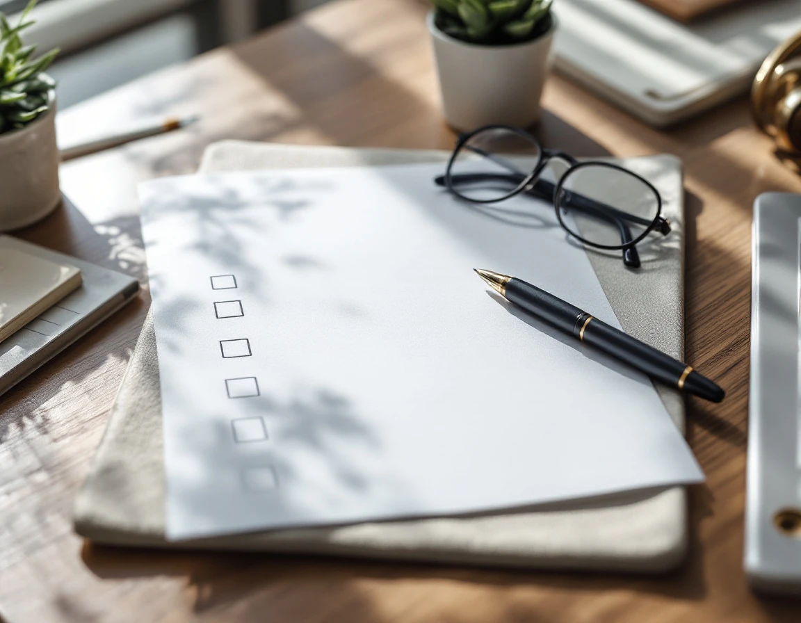 Professional desk workspace with audit checklist, pen, and reading glasses in natural light