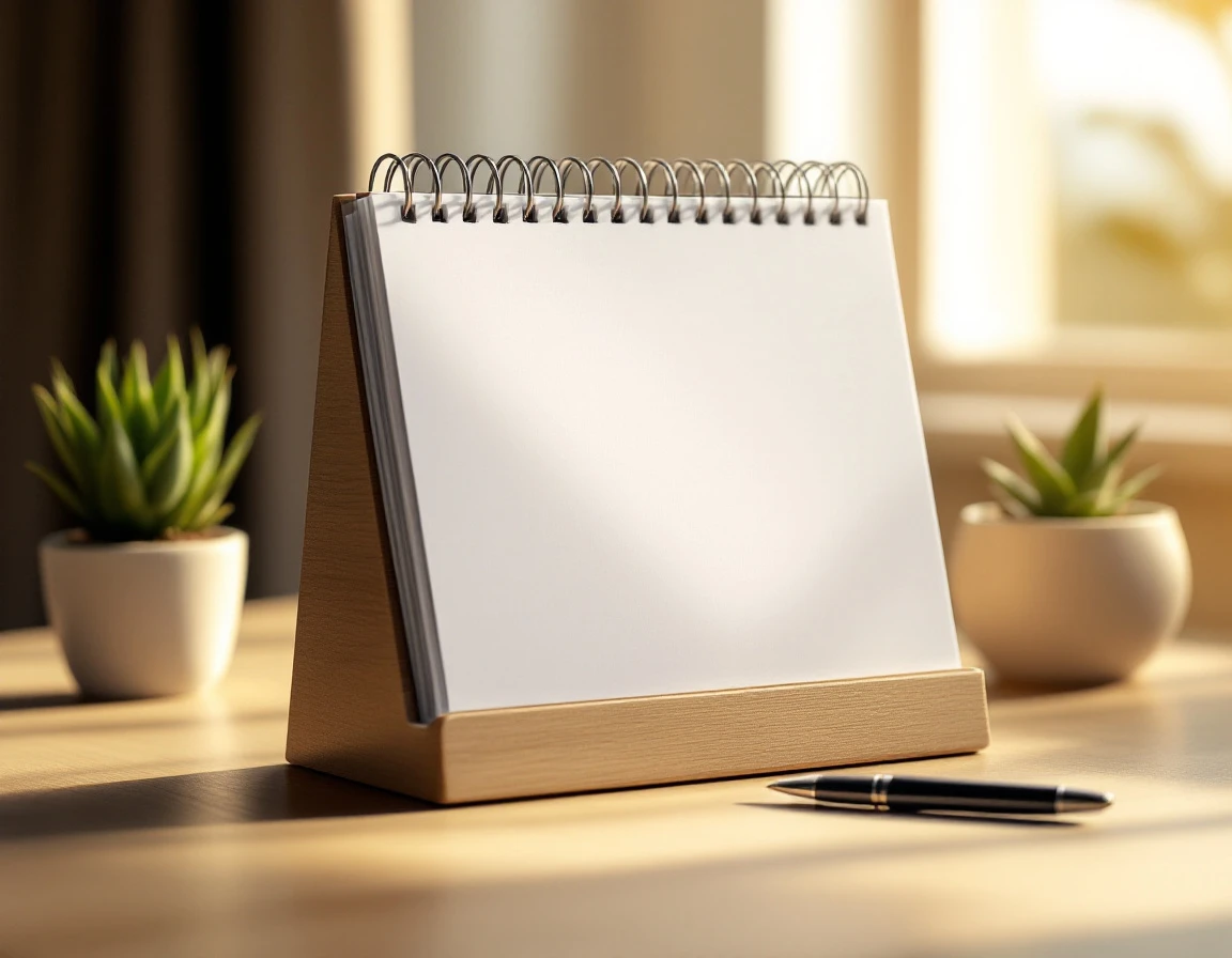 Blank desktop calendar planner on wooden stand with pen and succulent plant in natural afternoon light