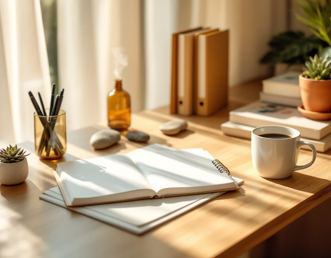 Sunlit desk workspace with blank planner, folders, and office accessories arranged for organized compliance planning
