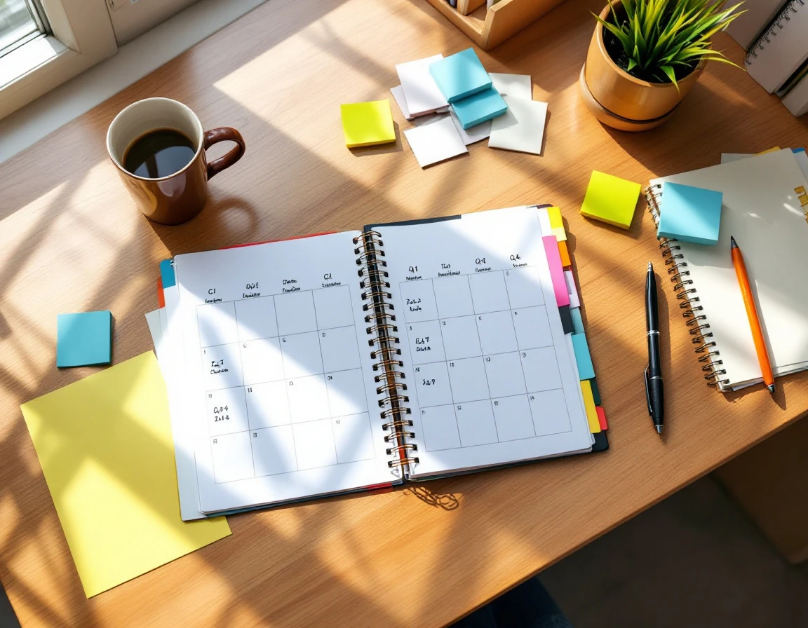 Open compliance planner with quarterly deadline markers and color-coded sticky notes on professional desk
