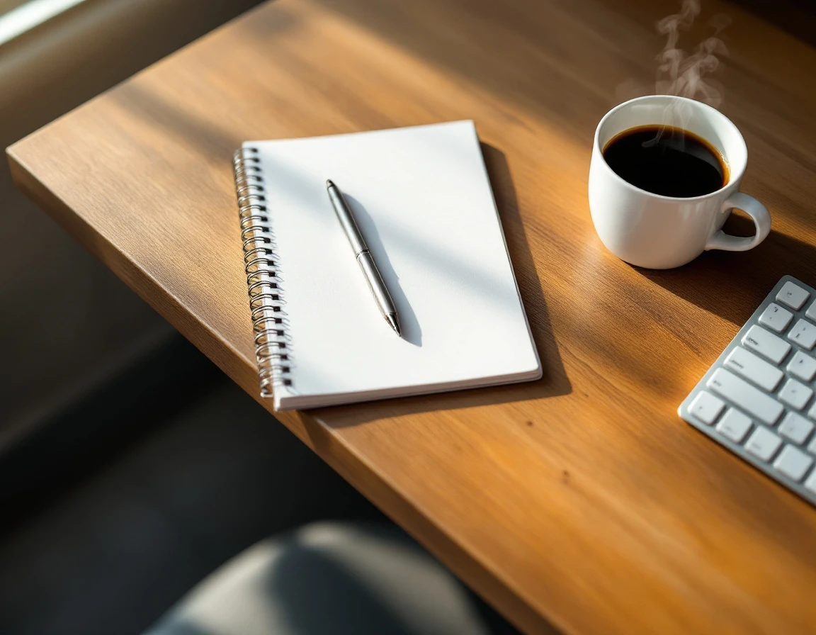 Professional desk workspace with blank notepad, pen, keyboard, and coffee cup for year-end compliance planning