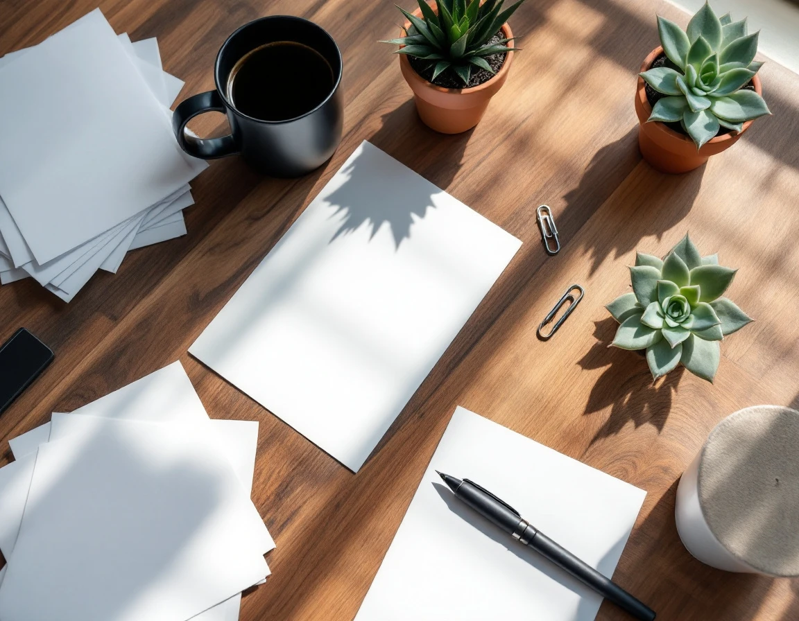 Professional office desk with coffee, blank papers, and succulents for year-end compliance work