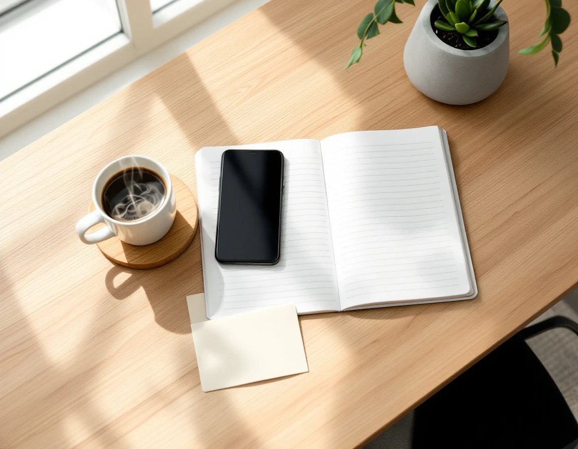 Clean workspace with blank notebook, coffee, and pen ready for year-end compliance planning