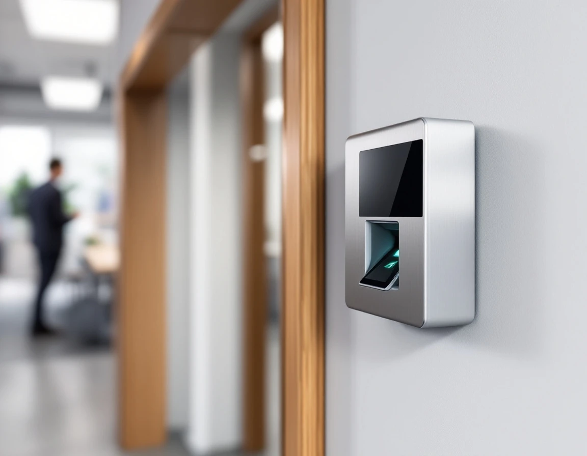 Wall-mounted biometric time clock scanner in office setting with natural lighting and neutral tones