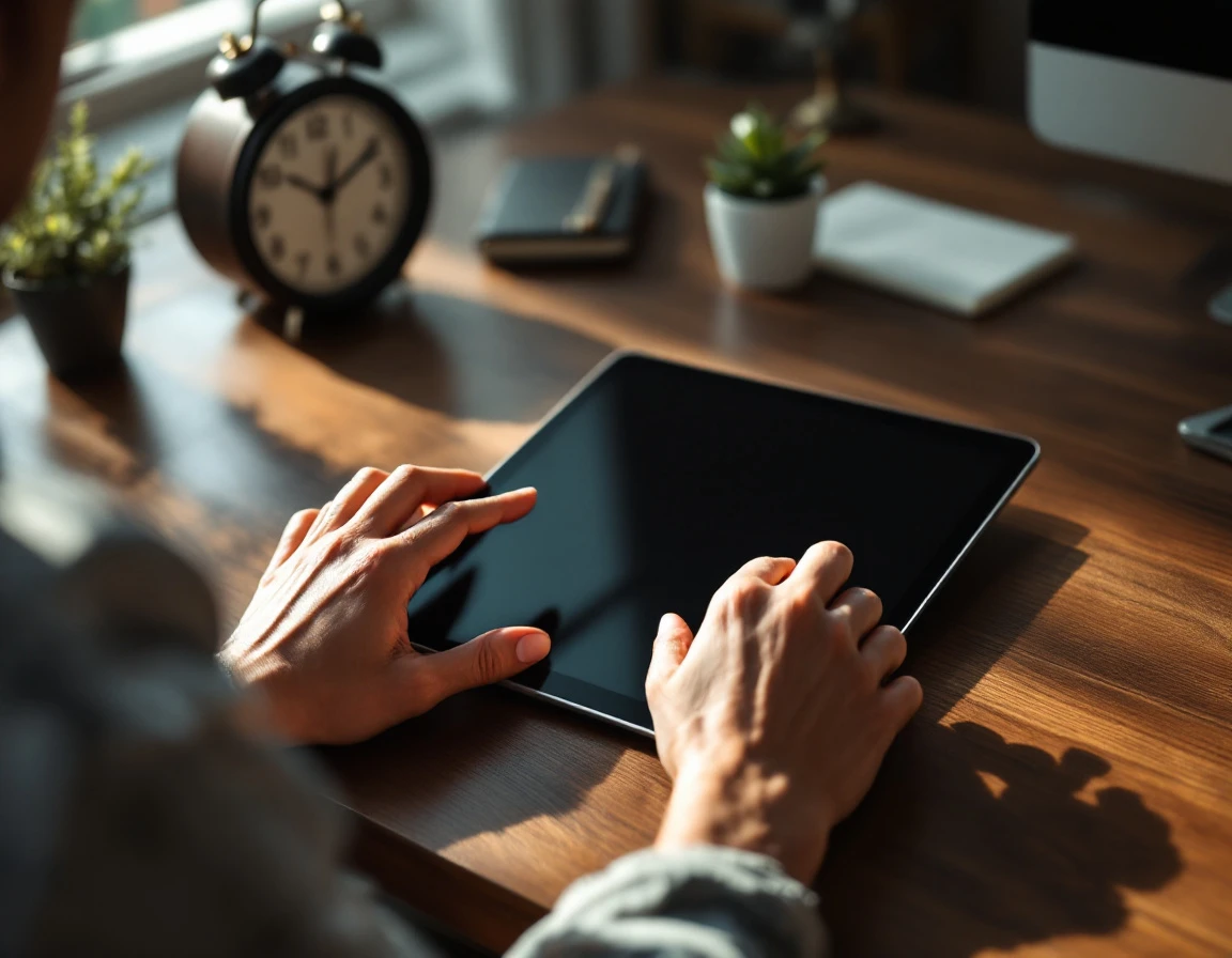 Hands using tablet device on wooden desk with clock and notepad for time tracking approval workflow