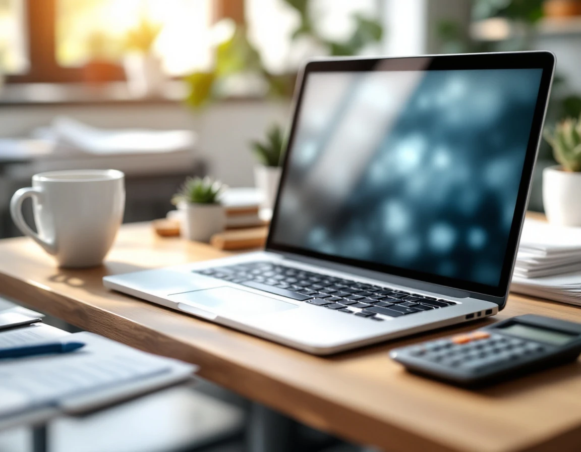 Business desk with laptop, calculator, and financial documents in natural office lighting