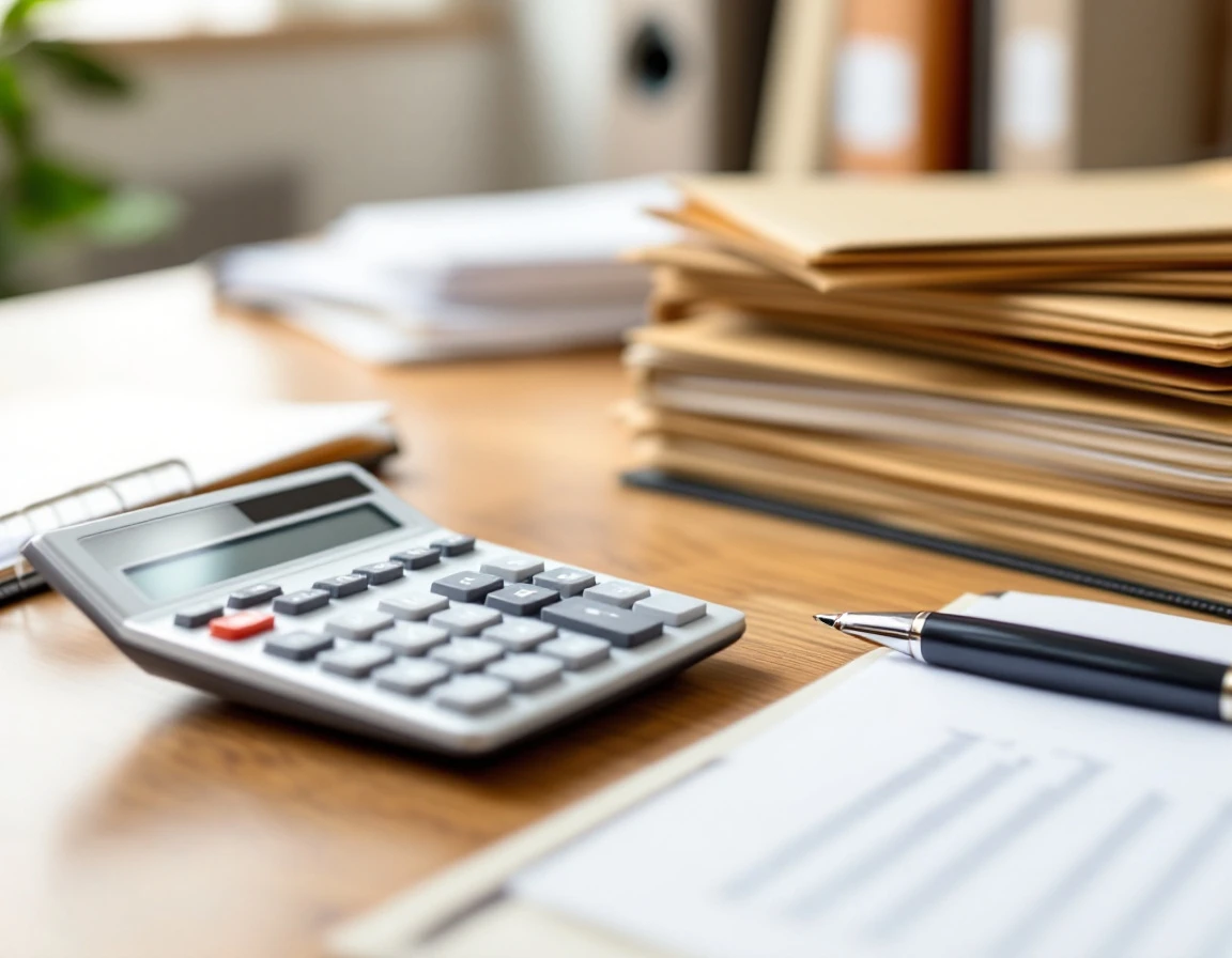 Organized desk with calculator and blank financial folders for business record-keeping