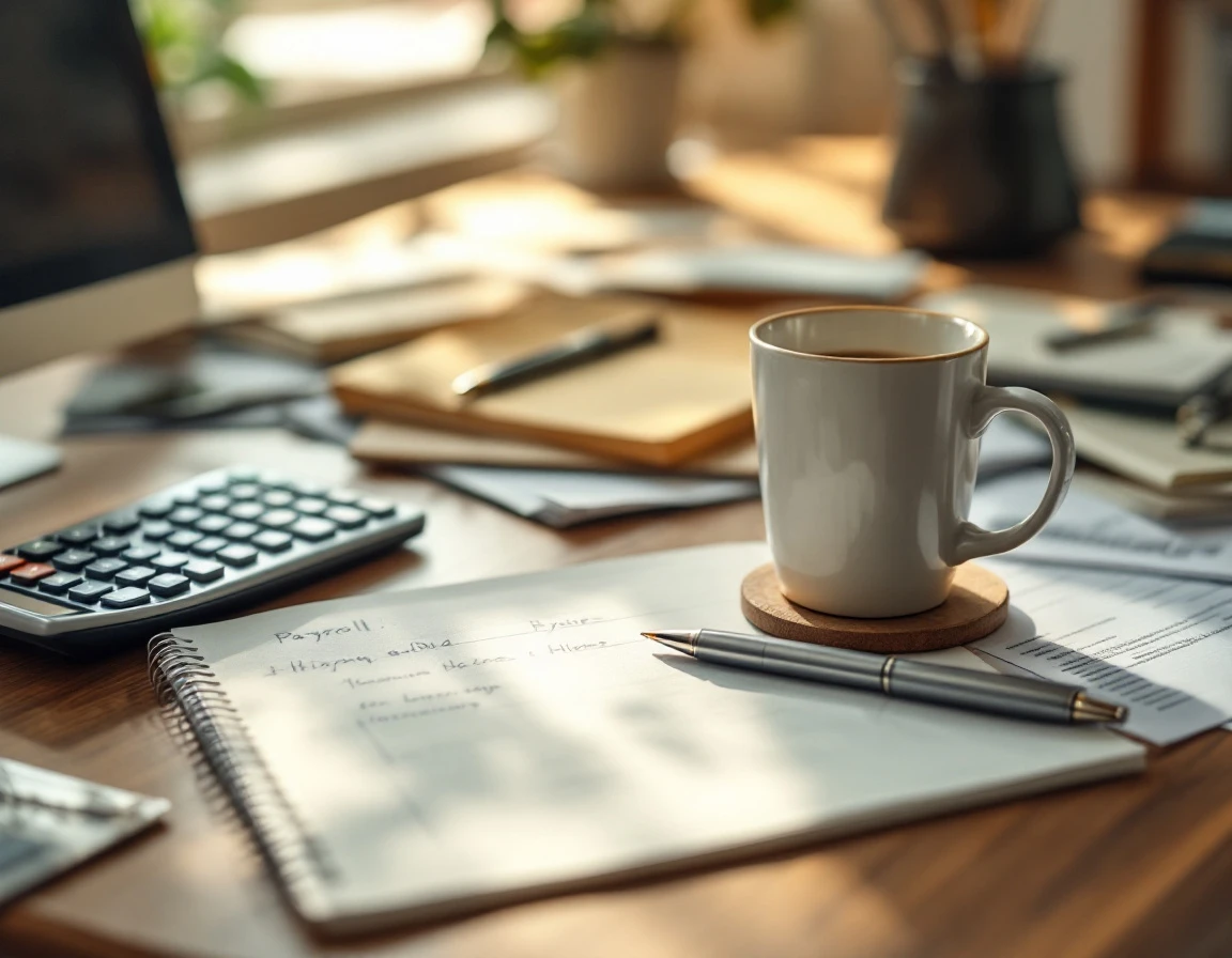 Payroll manager's desk with calculator, notepad, and coffee during workforce planning decisions