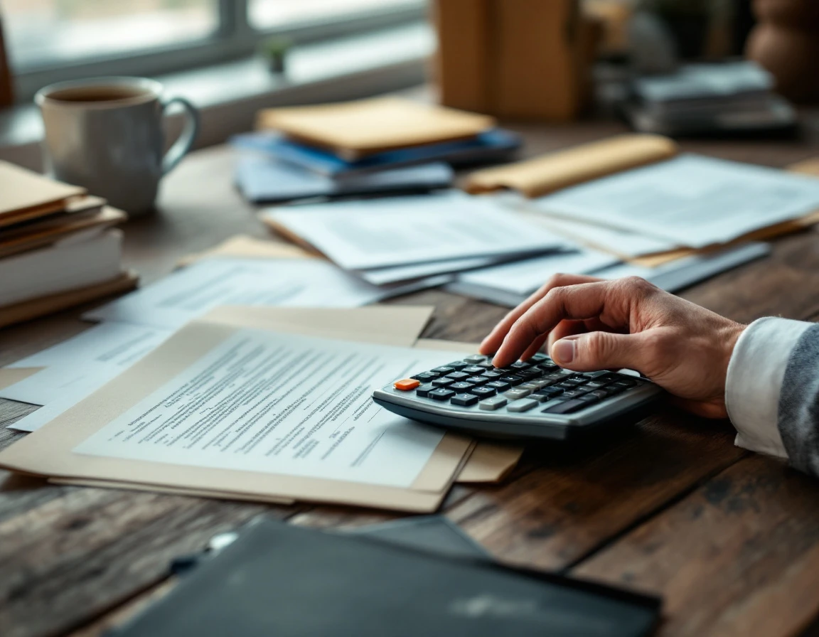 Small business desk with calculator, coffee, and blurred documents showing workforce planning scenario